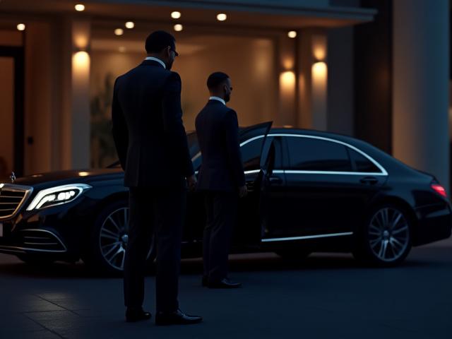 高級車から降りるビジネススーツのVIPと開かれたドア